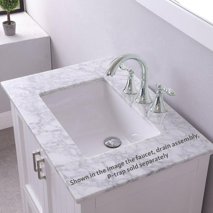 Altair Isla 30" Single White Freestanding Bathroom Vanity Set With Mirror, Natural Carrara White Marble Top, Rectangular Undermount Ceramic Sink, and Overflow