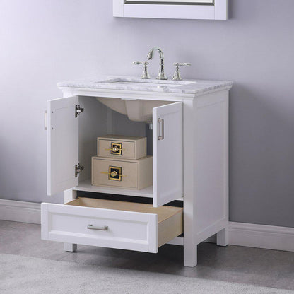 Altair Isla 30" Single White Freestanding Bathroom Vanity Set With Mirror, Natural Carrara White Marble Top, Rectangular Undermount Ceramic Sink, and Overflow