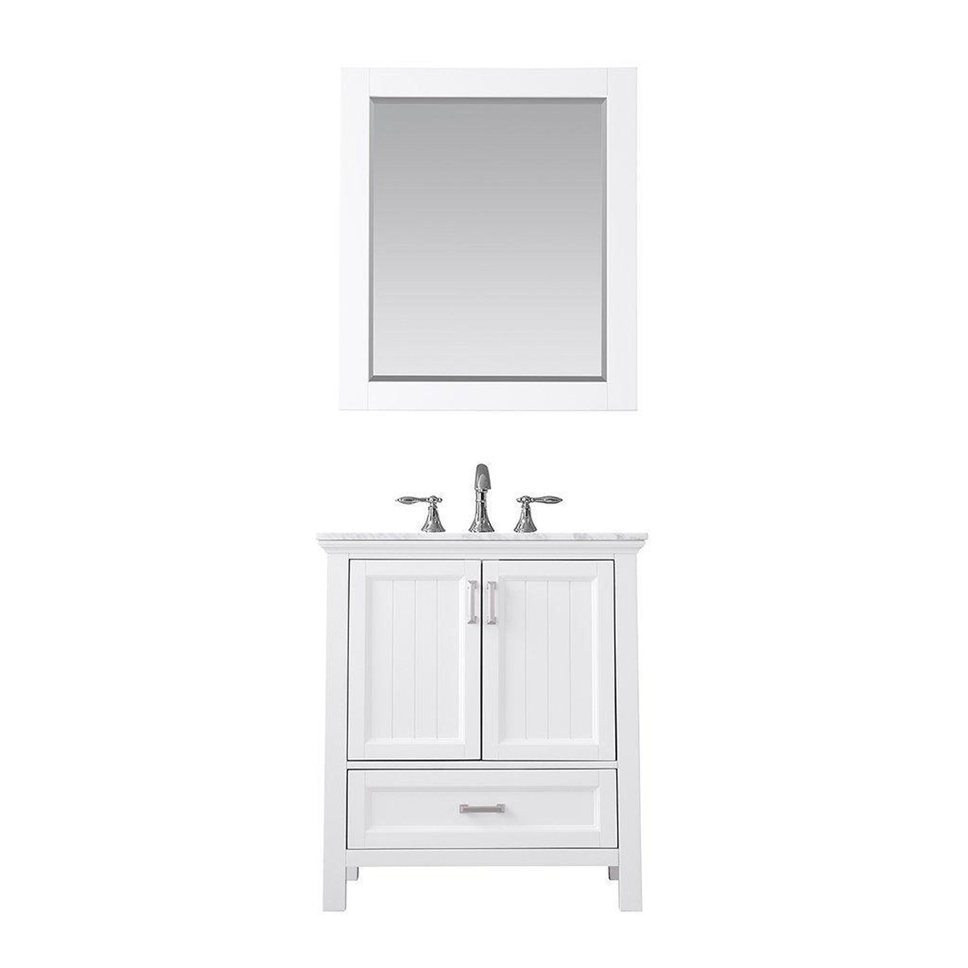 Altair Isla 30" Single White Freestanding Bathroom Vanity Set With Mirror, Natural Carrara White Marble Top, Rectangular Undermount Ceramic Sink, and Overflow