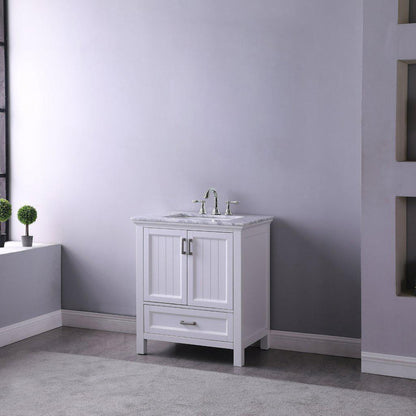 Altair Isla 30" Single White Freestanding Bathroom Vanity Set With Natural Carrara White Marble Top, Rectangular Undermount Ceramic Sink, and Overflow