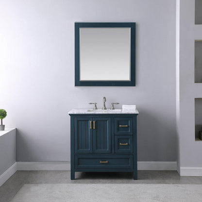 Altair Isla 36" Single Classic Blue Freestanding Bathroom Vanity Set With Mirror, Natural Carrara White Marble Top, Rectangular Undermount Ceramic Sink, and Overflow