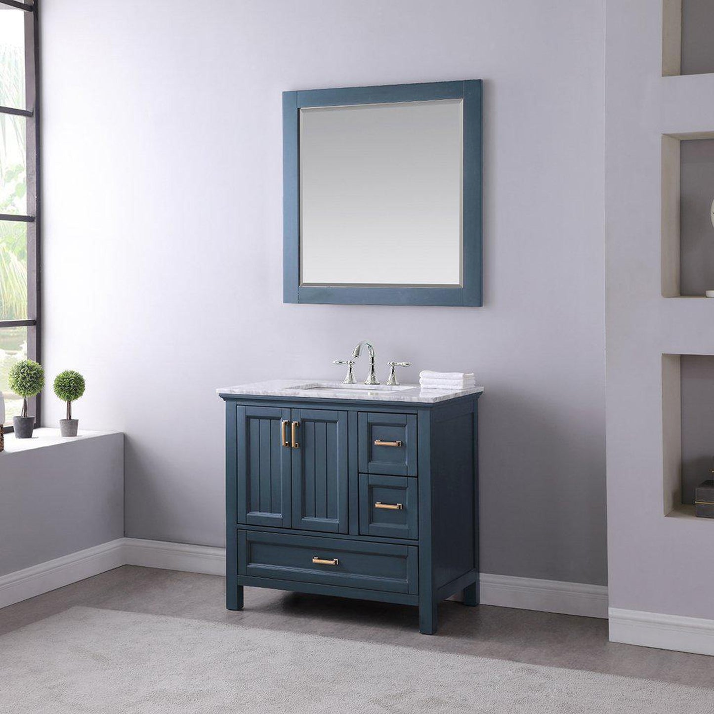 Altair Isla 36" Single Classic Blue Freestanding Bathroom Vanity Set With Mirror, Natural Carrara White Marble Top, Rectangular Undermount Ceramic Sink, and Overflow