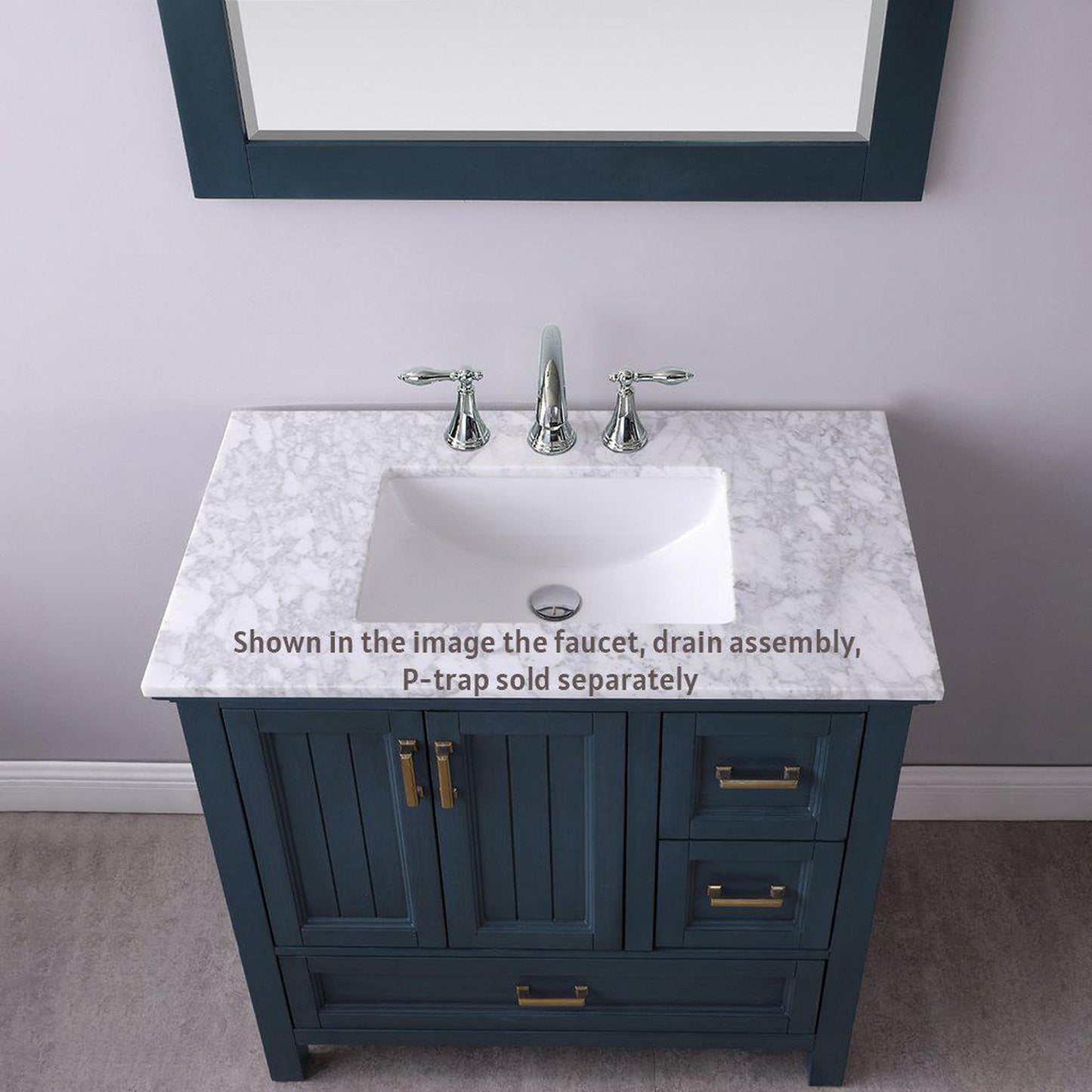 Altair Isla 36" Single Classic Blue Freestanding Bathroom Vanity Set With Mirror, Natural Carrara White Marble Top, Rectangular Undermount Ceramic Sink, and Overflow