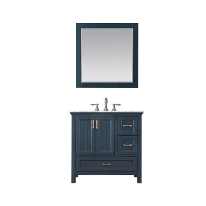 Altair Isla 36" Single Classic Blue Freestanding Bathroom Vanity Set With Mirror, Natural Carrara White Marble Top, Rectangular Undermount Ceramic Sink, and Overflow