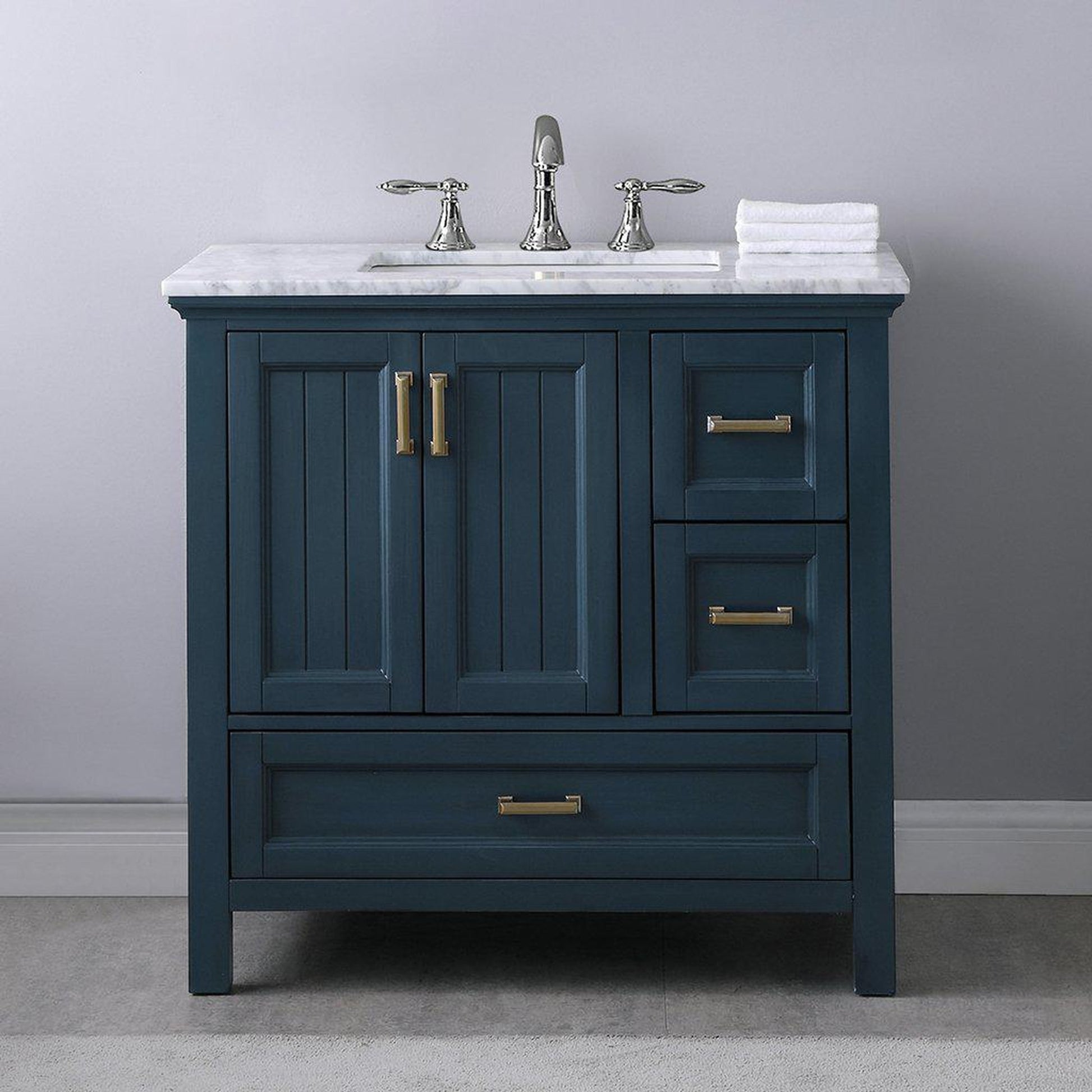 Altair Isla 36" Single Classic Blue Freestanding Bathroom Vanity Set With Natural Carrara White Marble Top, Rectangular Undermount Ceramic Sink, and Overflow