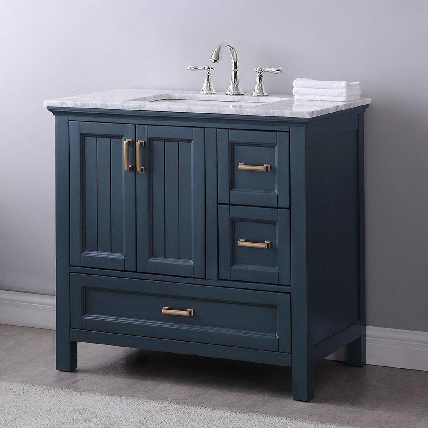Altair Isla 36" Single Classic Blue Freestanding Bathroom Vanity Set With Natural Carrara White Marble Top, Rectangular Undermount Ceramic Sink, and Overflow