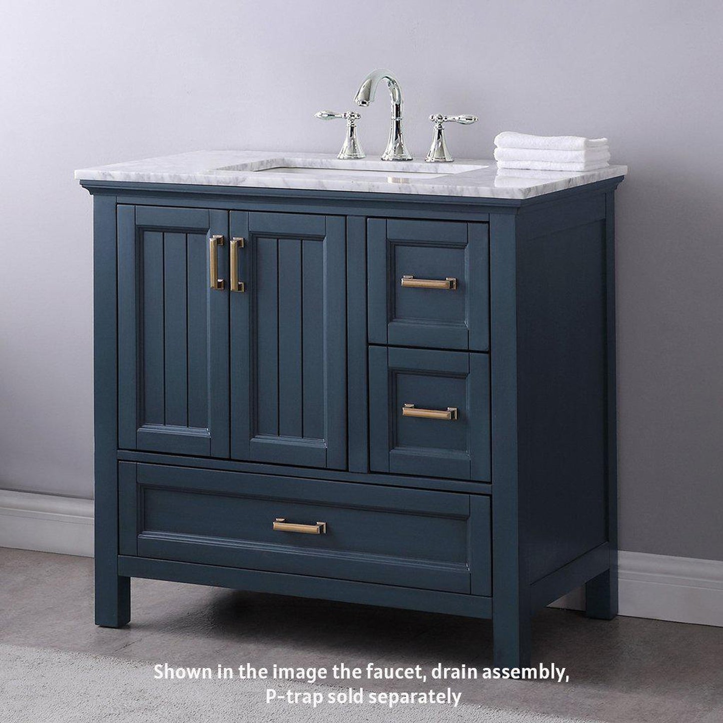 Altair Isla 36" Single Classic Blue Freestanding Bathroom Vanity Set With Natural Carrara White Marble Top, Rectangular Undermount Ceramic Sink, and Overflow