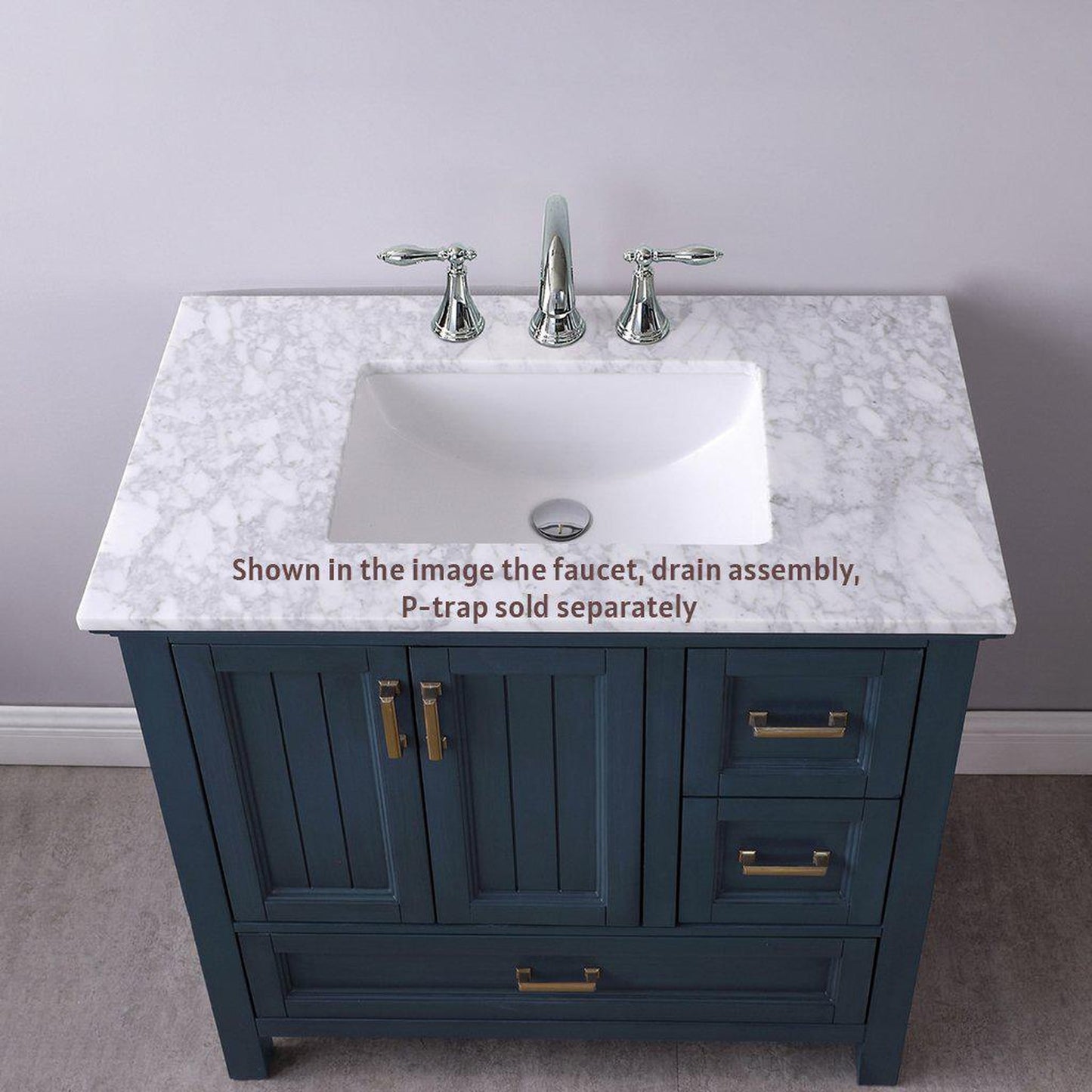 Altair Isla 36" Single Classic Blue Freestanding Bathroom Vanity Set With Natural Carrara White Marble Top, Rectangular Undermount Ceramic Sink, and Overflow