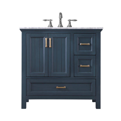 Altair Isla 36" Single Classic Blue Freestanding Bathroom Vanity Set With Natural Carrara White Marble Top, Rectangular Undermount Ceramic Sink, and Overflow
