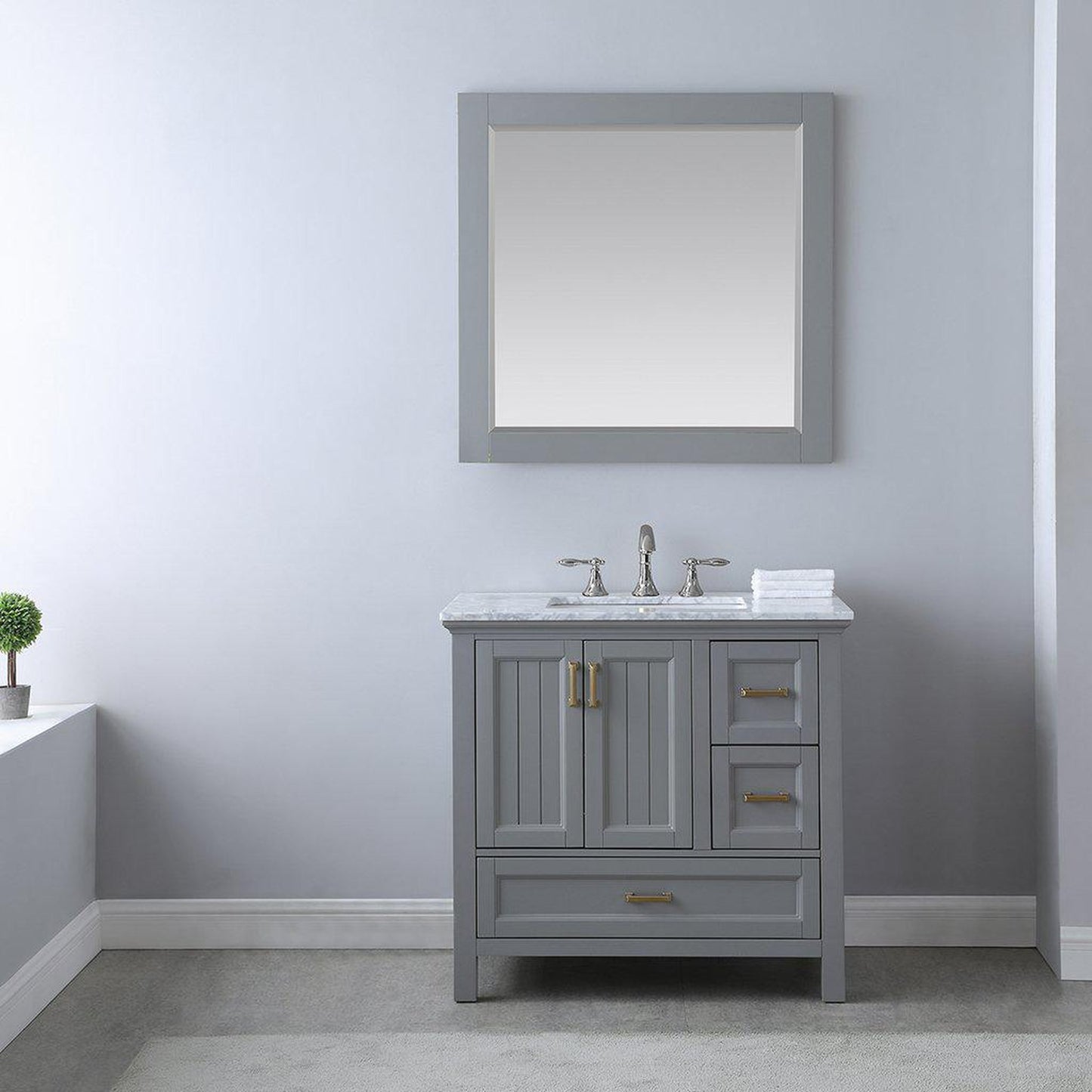 Altair Isla 36" Single Gray Freestanding Bathroom Vanity Set With Mirror, Natural Carrara White Marble Top, Rectangular Undermount Ceramic Sink, and Overflow