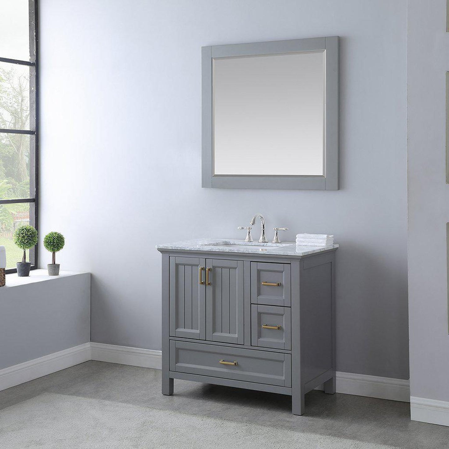 Altair Isla 36" Single Gray Freestanding Bathroom Vanity Set With Mirror, Natural Carrara White Marble Top, Rectangular Undermount Ceramic Sink, and Overflow