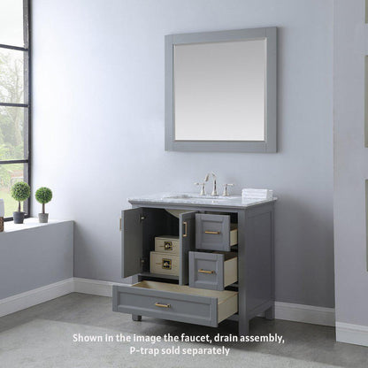 Altair Isla 36" Single Gray Freestanding Bathroom Vanity Set With Mirror, Natural Carrara White Marble Top, Rectangular Undermount Ceramic Sink, and Overflow