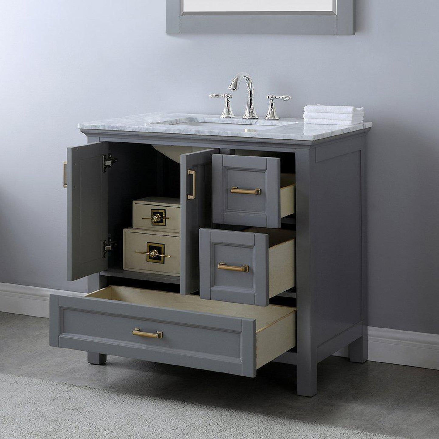 Altair Isla 36" Single Gray Freestanding Bathroom Vanity Set With Mirror, Natural Carrara White Marble Top, Rectangular Undermount Ceramic Sink, and Overflow