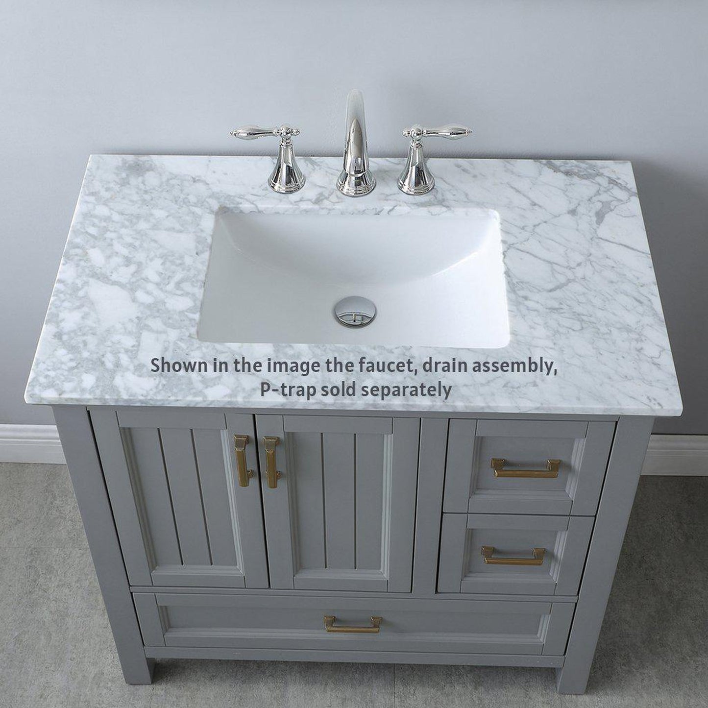 Altair Isla 36" Single Gray Freestanding Bathroom Vanity Set With Mirror, Natural Carrara White Marble Top, Rectangular Undermount Ceramic Sink, and Overflow
