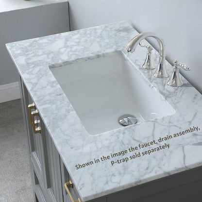 Altair Isla 36" Single Gray Freestanding Bathroom Vanity Set With Mirror, Natural Carrara White Marble Top, Rectangular Undermount Ceramic Sink, and Overflow