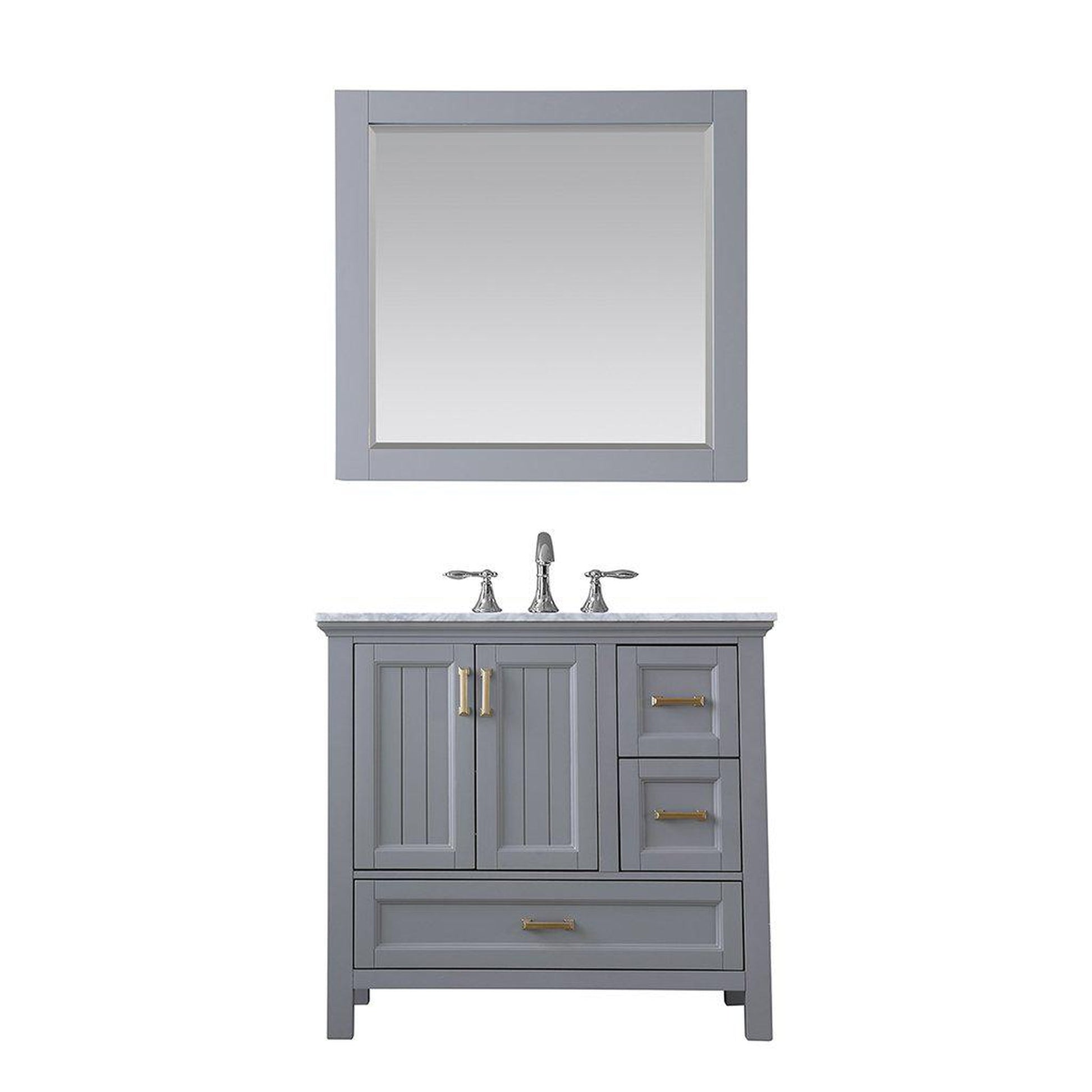 Altair Isla 36" Single Gray Freestanding Bathroom Vanity Set With Mirror, Natural Carrara White Marble Top, Rectangular Undermount Ceramic Sink, and Overflow