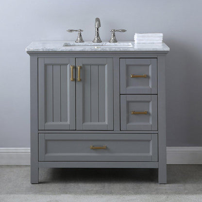 Altair Isla 36" Single Gray Freestanding Bathroom Vanity Set With Natural Carrara White Marble Top, Rectangular Undermount Ceramic Sink, and Overflow