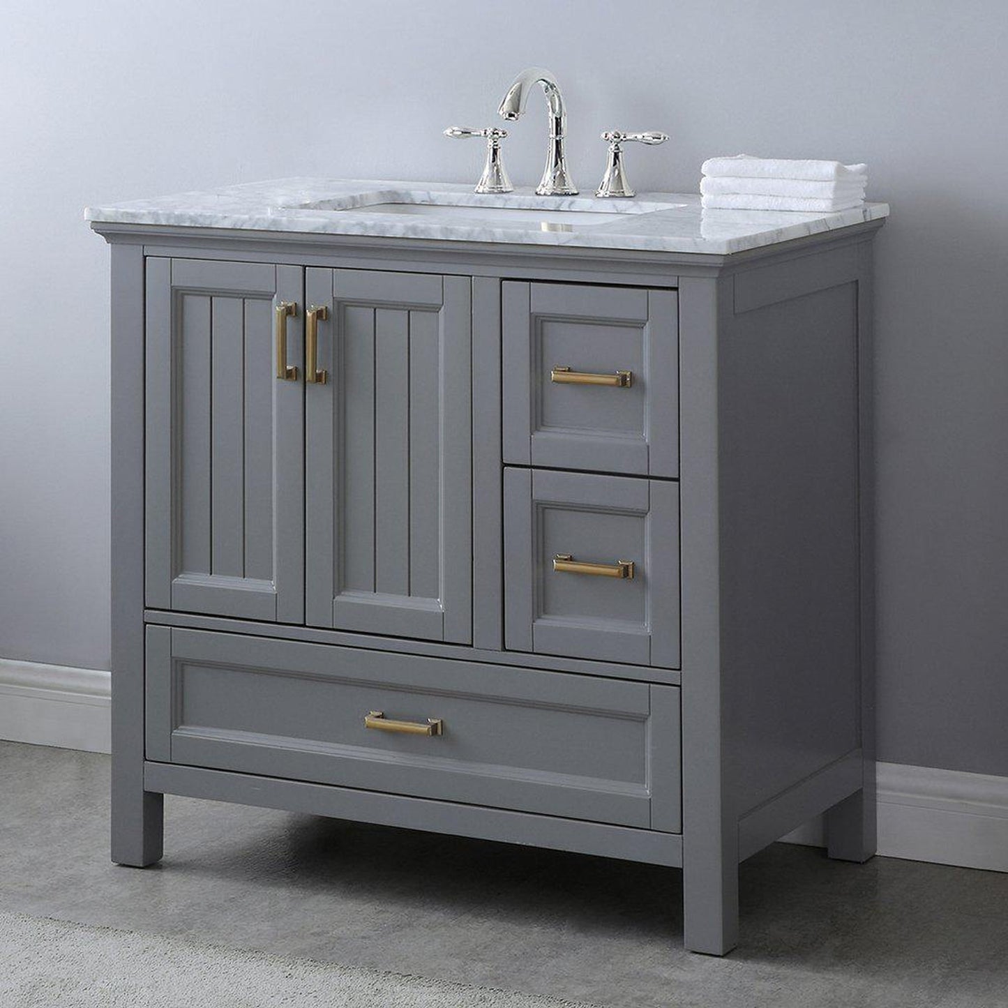 Altair Isla 36" Single Gray Freestanding Bathroom Vanity Set With Natural Carrara White Marble Top, Rectangular Undermount Ceramic Sink, and Overflow