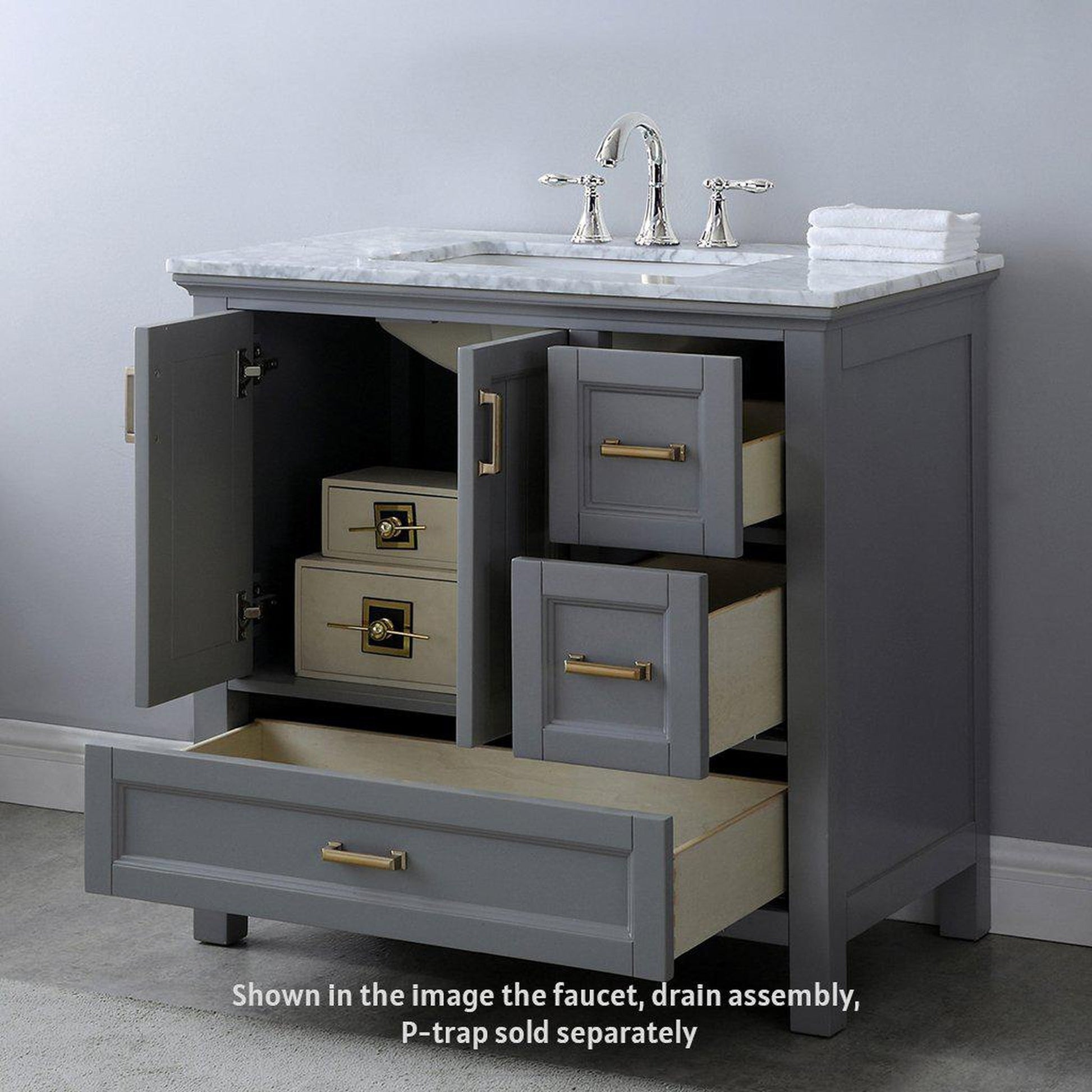 Altair Isla 36" Single Gray Freestanding Bathroom Vanity Set With Natural Carrara White Marble Top, Rectangular Undermount Ceramic Sink, and Overflow