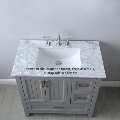 Altair Isla 36" Single Gray Freestanding Bathroom Vanity Set With Natural Carrara White Marble Top, Rectangular Undermount Ceramic Sink, and Overflow