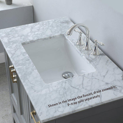 Altair Isla 36" Single Gray Freestanding Bathroom Vanity Set With Natural Carrara White Marble Top, Rectangular Undermount Ceramic Sink, and Overflow