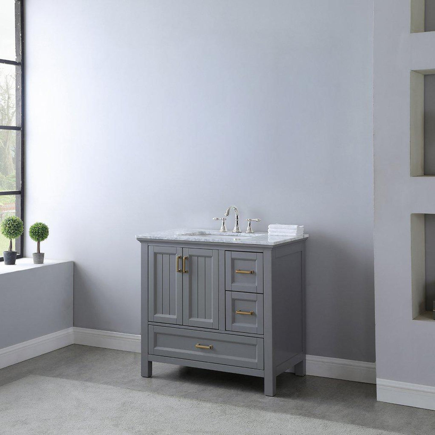 Altair Isla 36" Single Gray Freestanding Bathroom Vanity Set With Natural Carrara White Marble Top, Rectangular Undermount Ceramic Sink, and Overflow