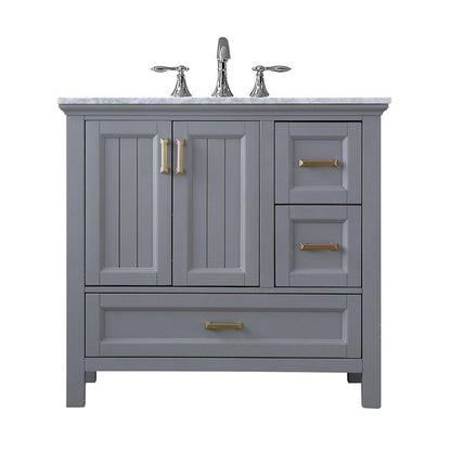 Altair Isla 36" Single Gray Freestanding Bathroom Vanity Set With Natural Carrara White Marble Top, Rectangular Undermount Ceramic Sink, and Overflow