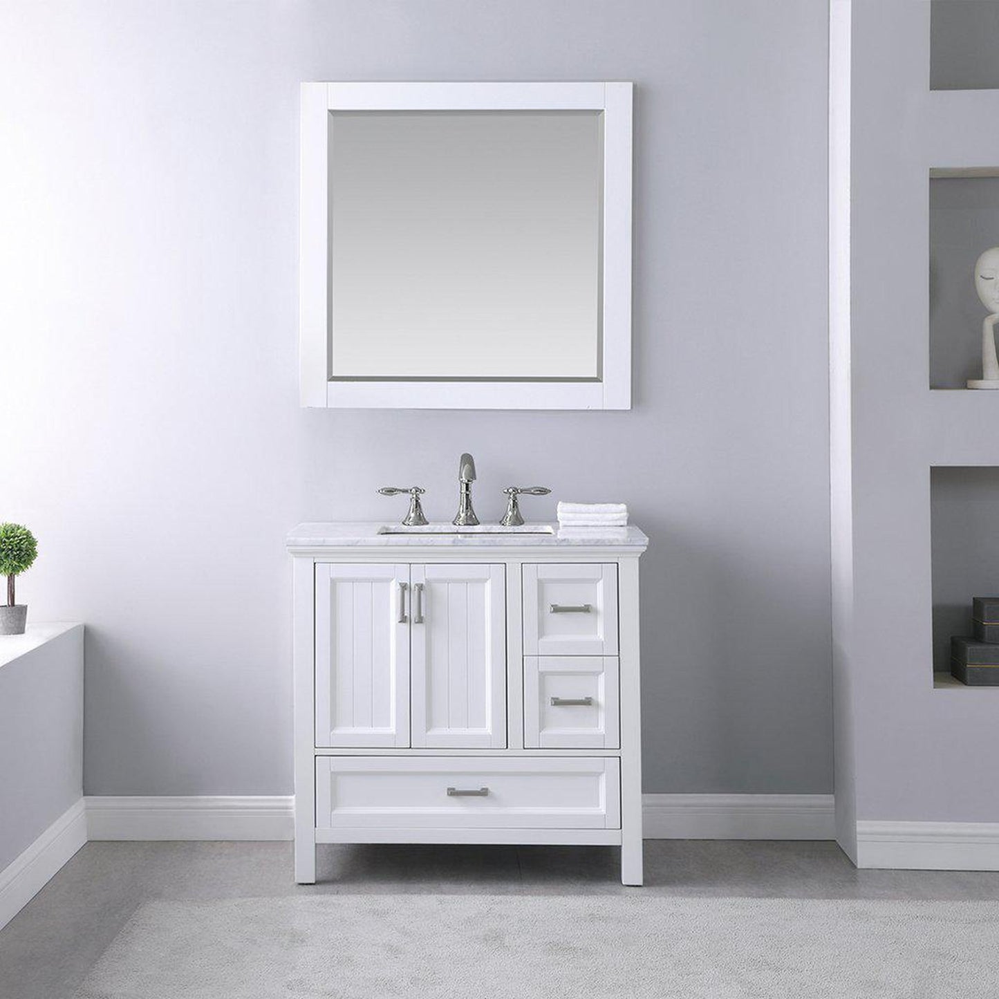 Altair Isla 36" Single White Freestanding Bathroom Vanity Set With Mirror, Natural Carrara White Marble Top, Rectangular Undermount Ceramic Sink, and Overflow