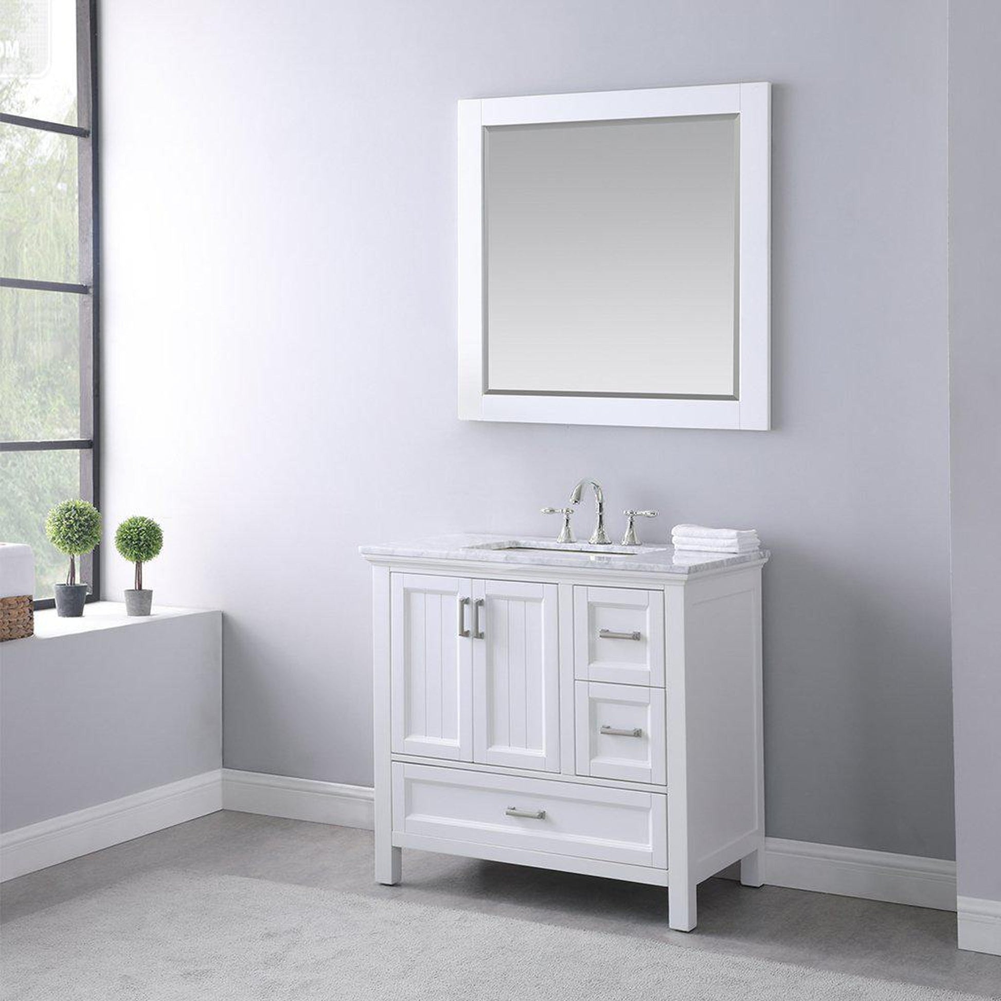 Altair Isla 36" Single White Freestanding Bathroom Vanity Set With Mirror, Natural Carrara White Marble Top, Rectangular Undermount Ceramic Sink, and Overflow