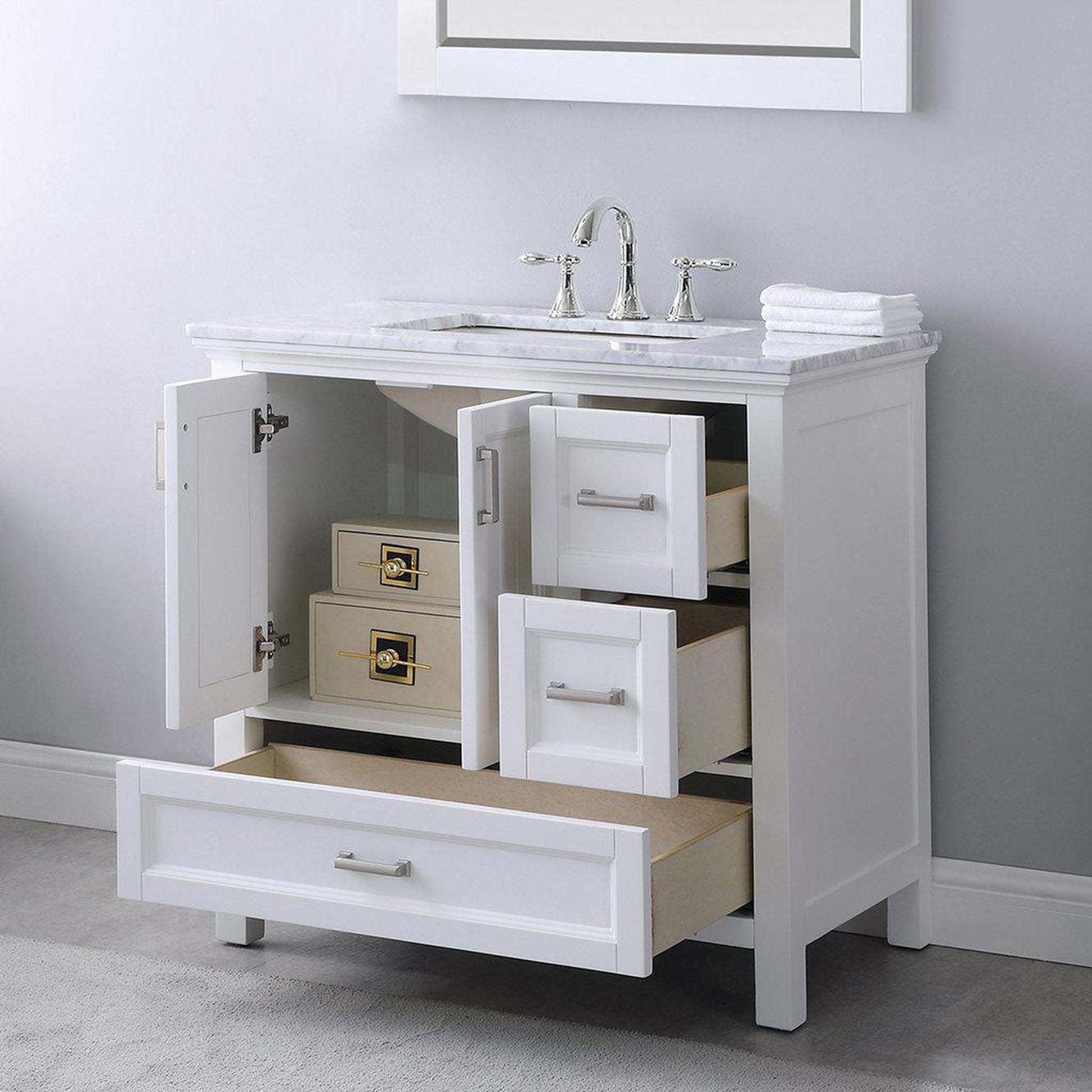 Altair Isla 36" Single White Freestanding Bathroom Vanity Set With Mirror, Natural Carrara White Marble Top, Rectangular Undermount Ceramic Sink, and Overflow