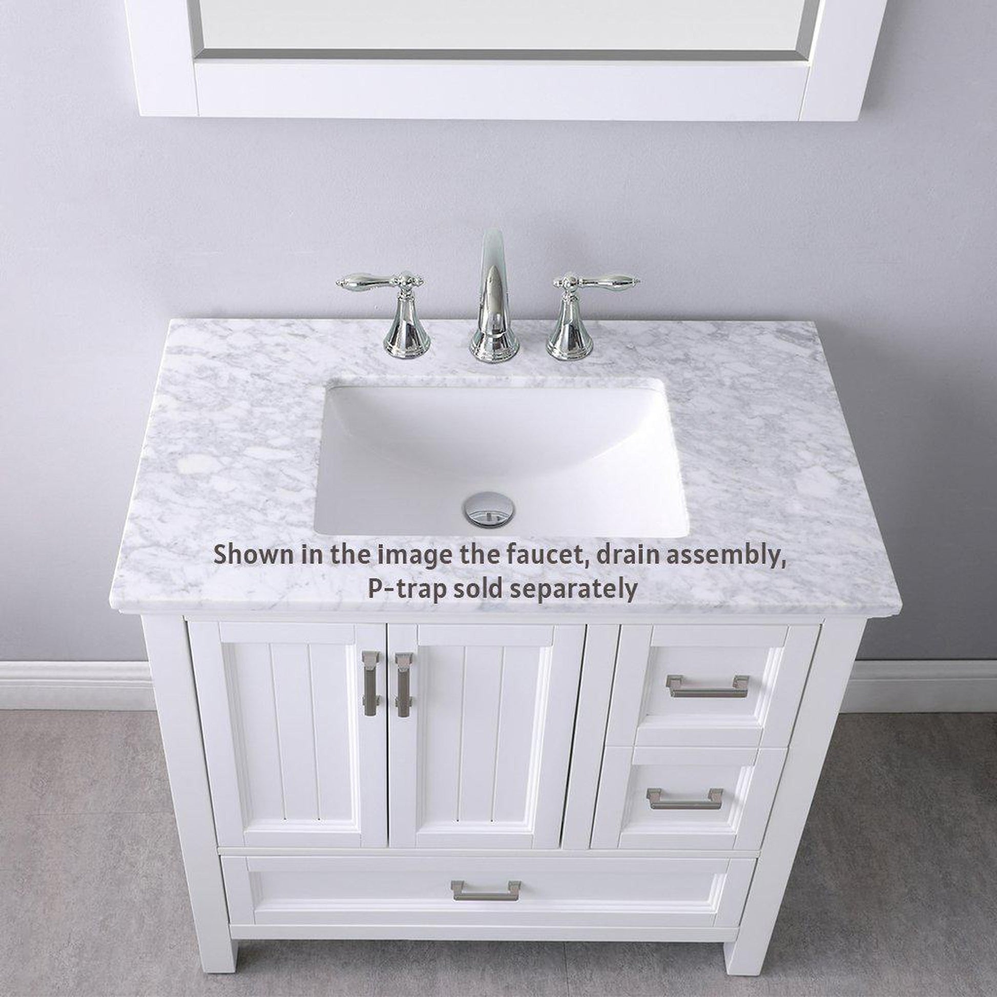 Altair Isla 36" Single White Freestanding Bathroom Vanity Set With Mirror, Natural Carrara White Marble Top, Rectangular Undermount Ceramic Sink, and Overflow