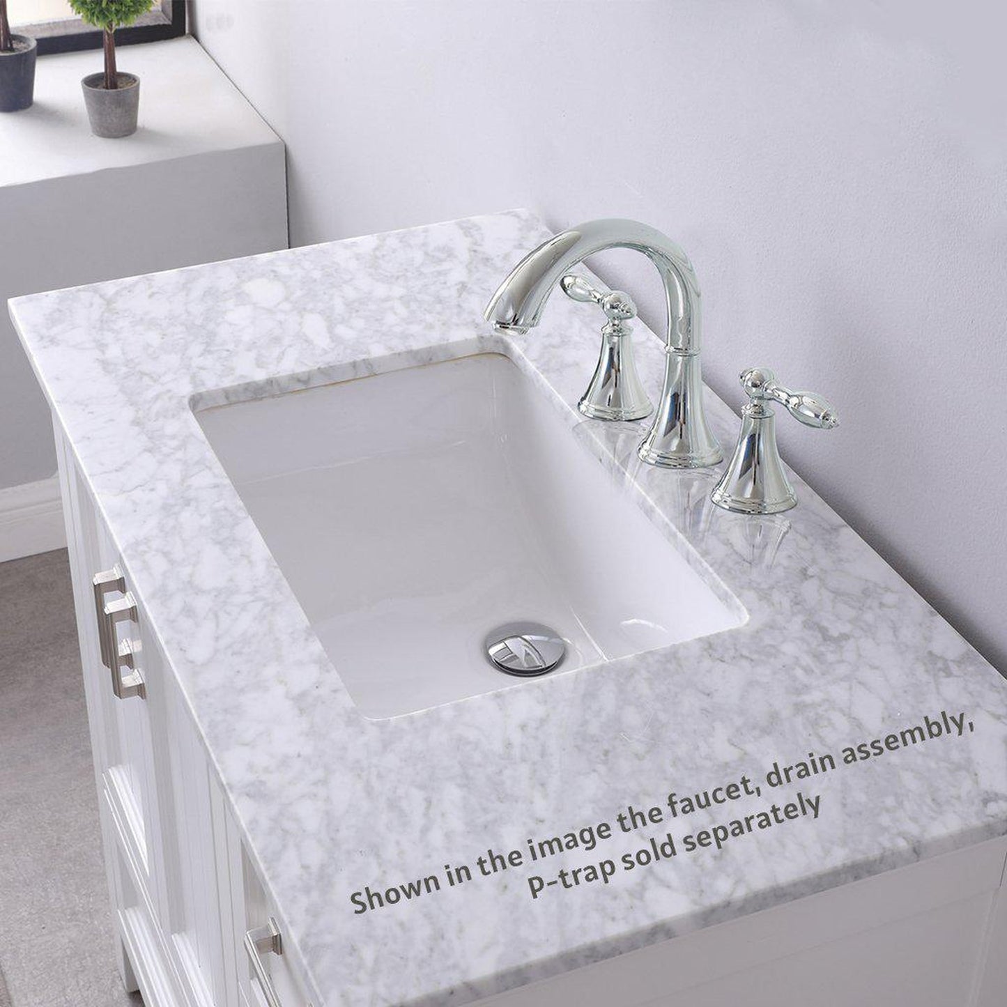 Altair Isla 36" Single White Freestanding Bathroom Vanity Set With Mirror, Natural Carrara White Marble Top, Rectangular Undermount Ceramic Sink, and Overflow