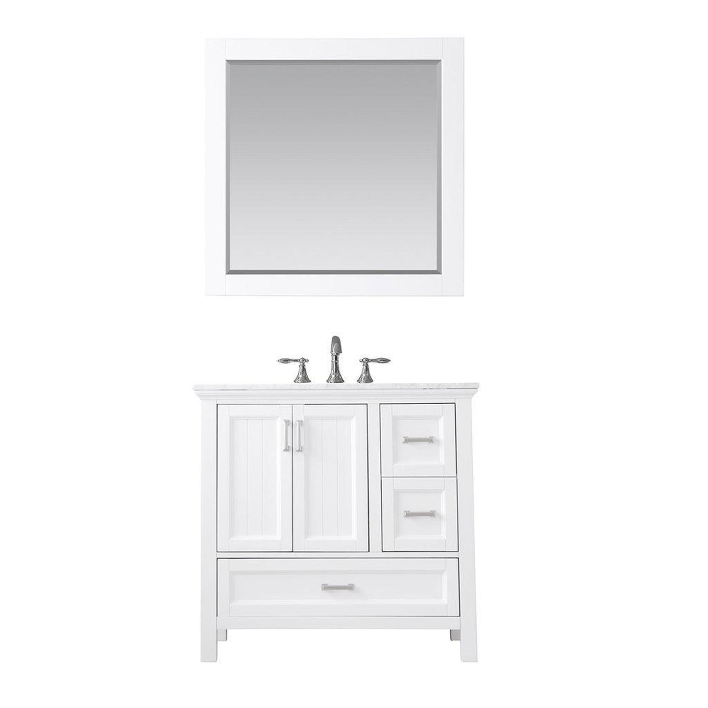 Altair Isla 36" Single White Freestanding Bathroom Vanity Set With Mirror, Natural Carrara White Marble Top, Rectangular Undermount Ceramic Sink, and Overflow