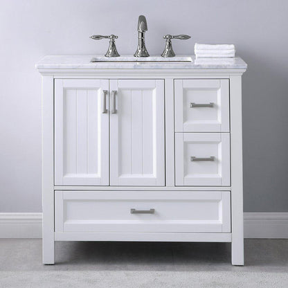 Altair Isla 36" Single White Freestanding Bathroom Vanity Set With Natural Carrara White Marble Top, Rectangular Undermount Ceramic Sink, and Overflow