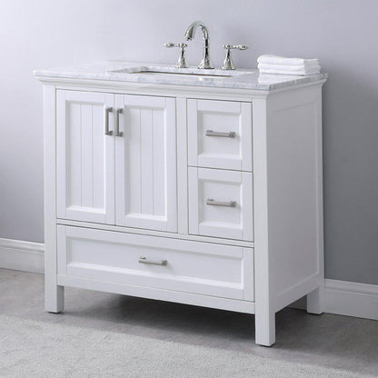 Altair Isla 36" Single White Freestanding Bathroom Vanity Set With Natural Carrara White Marble Top, Rectangular Undermount Ceramic Sink, and Overflow