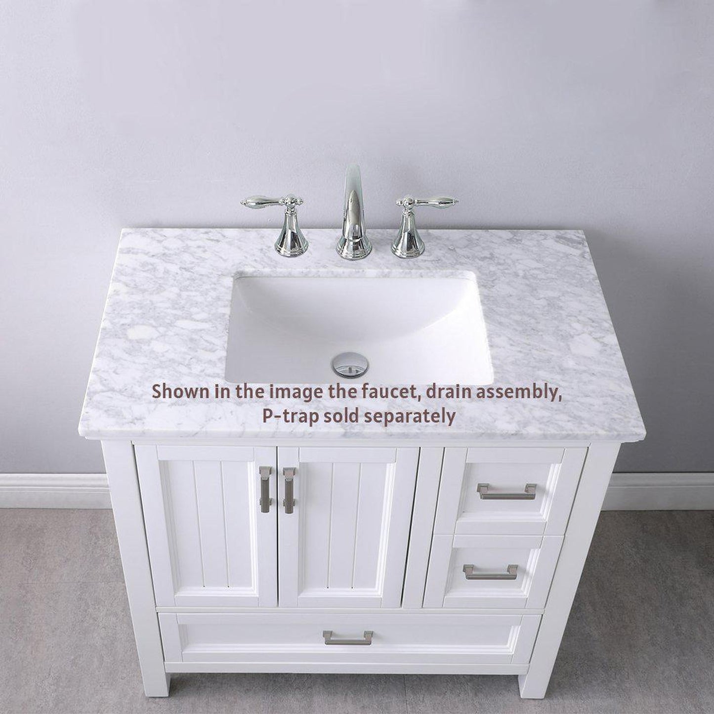 Altair Isla 36" Single White Freestanding Bathroom Vanity Set With Natural Carrara White Marble Top, Rectangular Undermount Ceramic Sink, and Overflow
