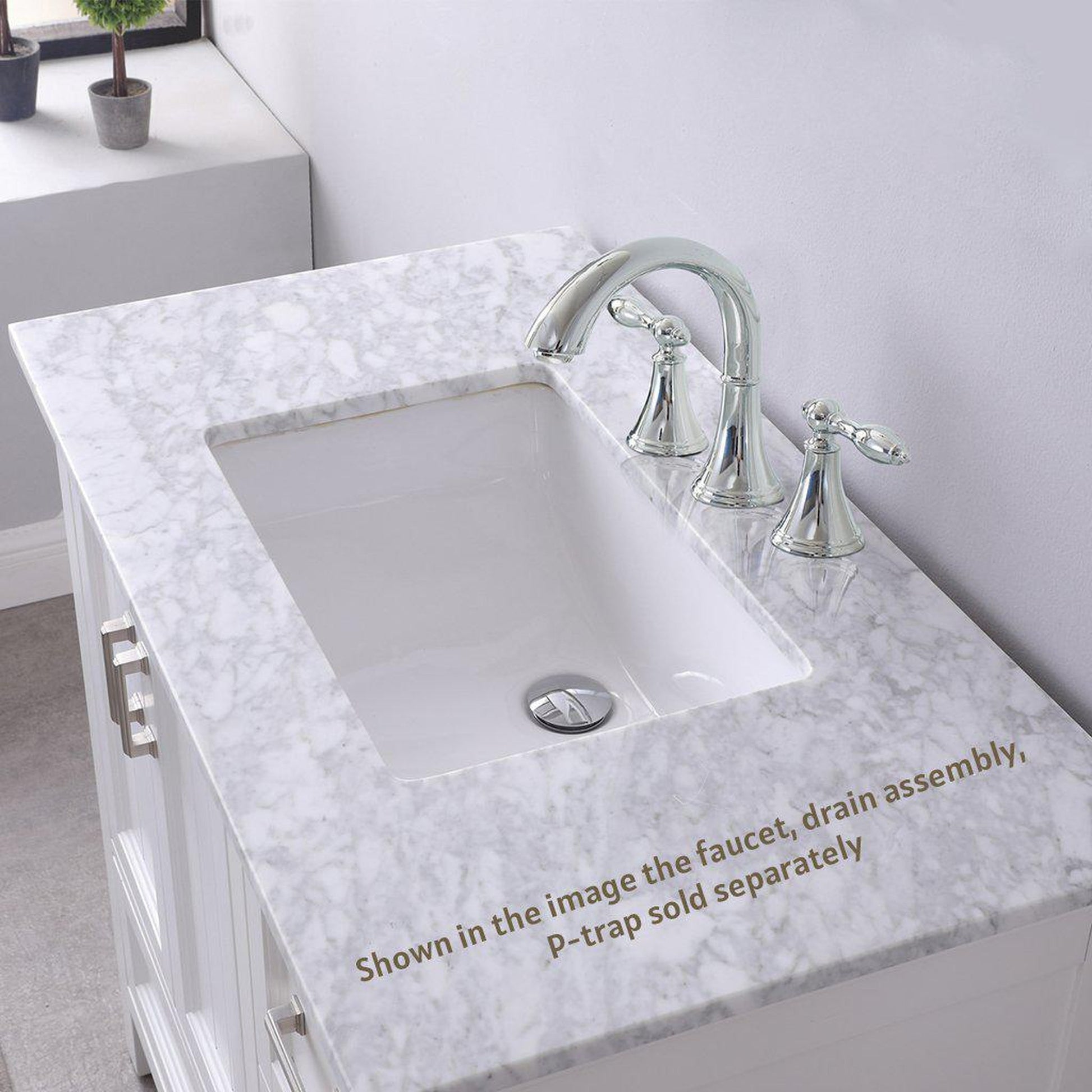 Altair Isla 36" Single White Freestanding Bathroom Vanity Set With Natural Carrara White Marble Top, Rectangular Undermount Ceramic Sink, and Overflow