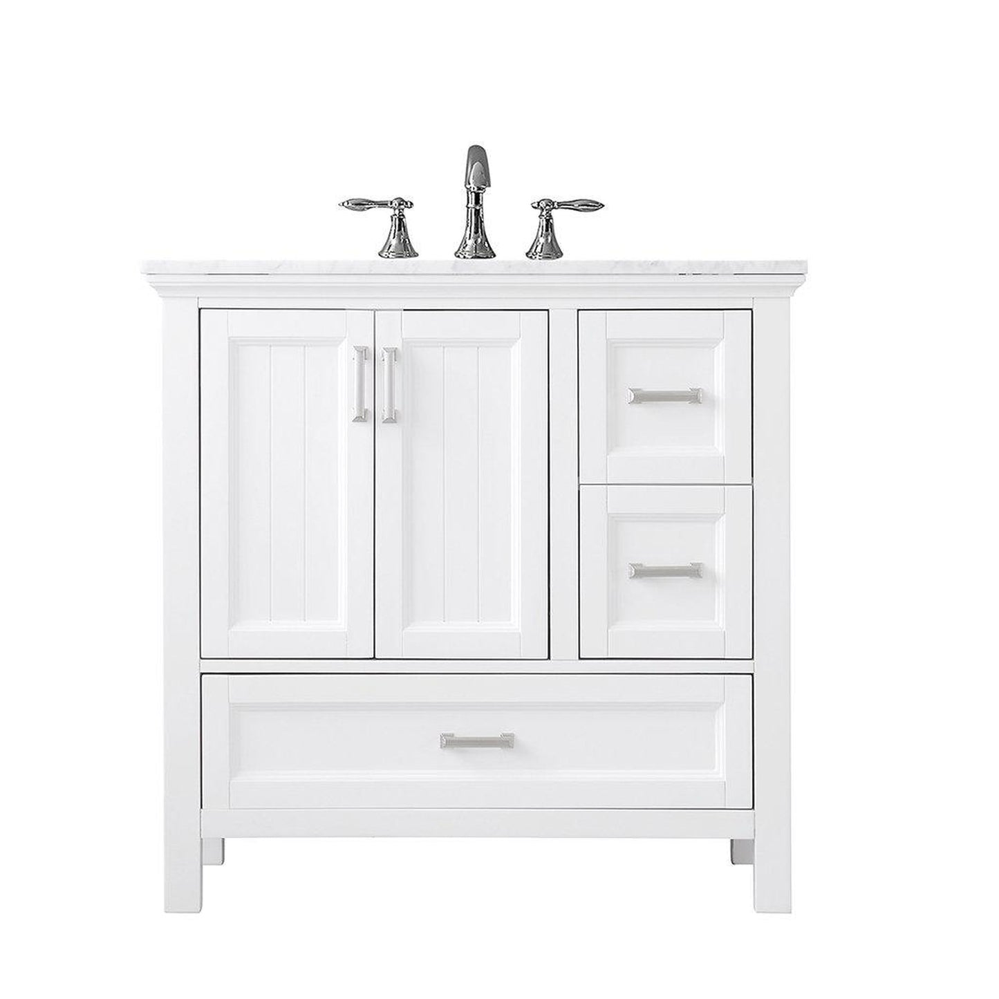 Altair Isla 36" Single White Freestanding Bathroom Vanity Set With Natural Carrara White Marble Top, Rectangular Undermount Ceramic Sink, and Overflow