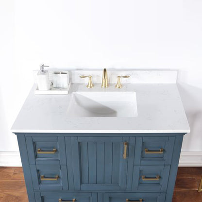 Altair Isla 42" Single Classic Blue Freestanding Bathroom Vanity Set With Aosta White Composite Stone Top, Rectangular Undermount Ceramic Sink, and Overflow