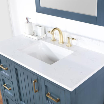 Altair Isla 42" Single Classic Blue Freestanding Bathroom Vanity Set With Mirror, Aosta White Composite Stone Top, Rectangular Undermount Ceramic Sink, and Overflow