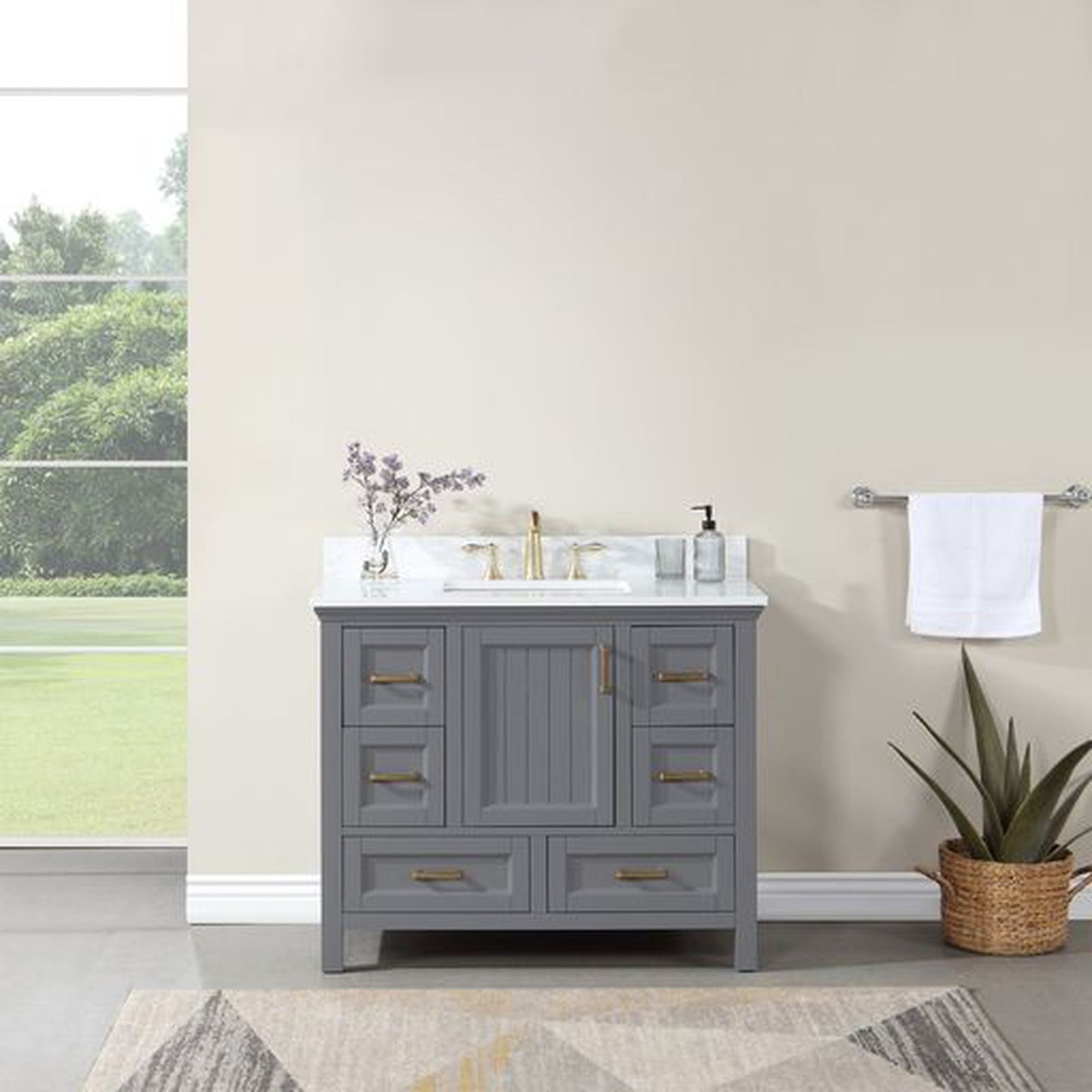 Altair Isla 42" Single Gray Freestanding Bathroom Vanity Set With Aosta White Composite Stone Top, Rectangular Undermount Ceramic Sink, and Overflow