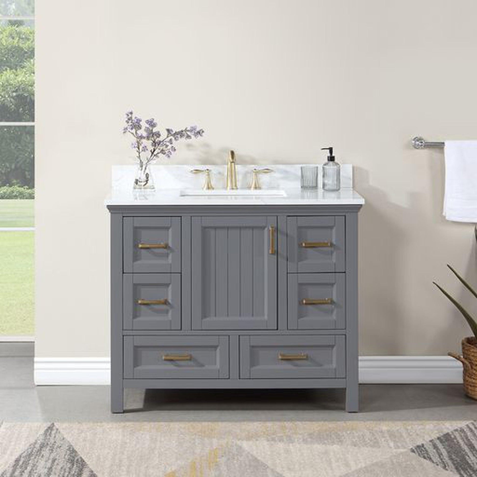 Altair Isla 42" Single Gray Freestanding Bathroom Vanity Set With Aosta White Composite Stone Top, Rectangular Undermount Ceramic Sink, and Overflow