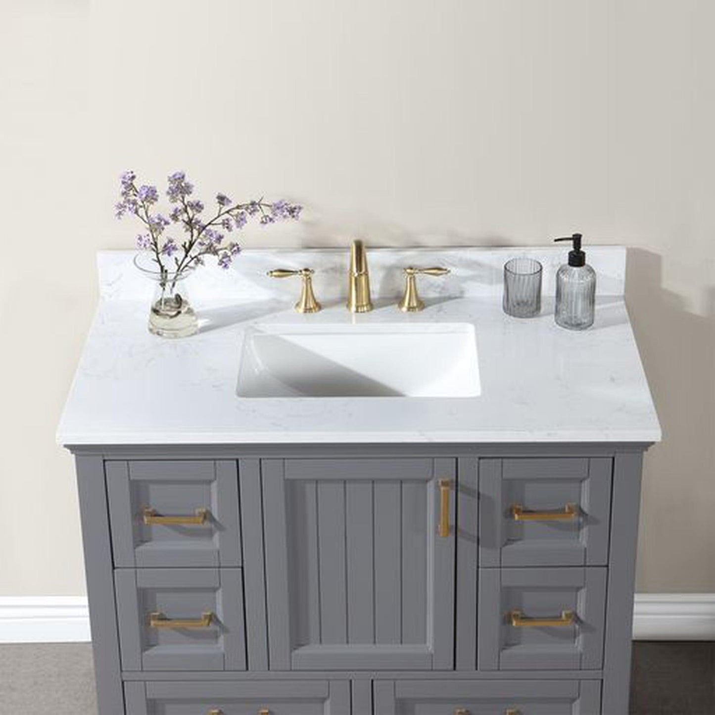Altair Isla 42" Single Gray Freestanding Bathroom Vanity Set With Aosta White Composite Stone Top, Rectangular Undermount Ceramic Sink, and Overflow