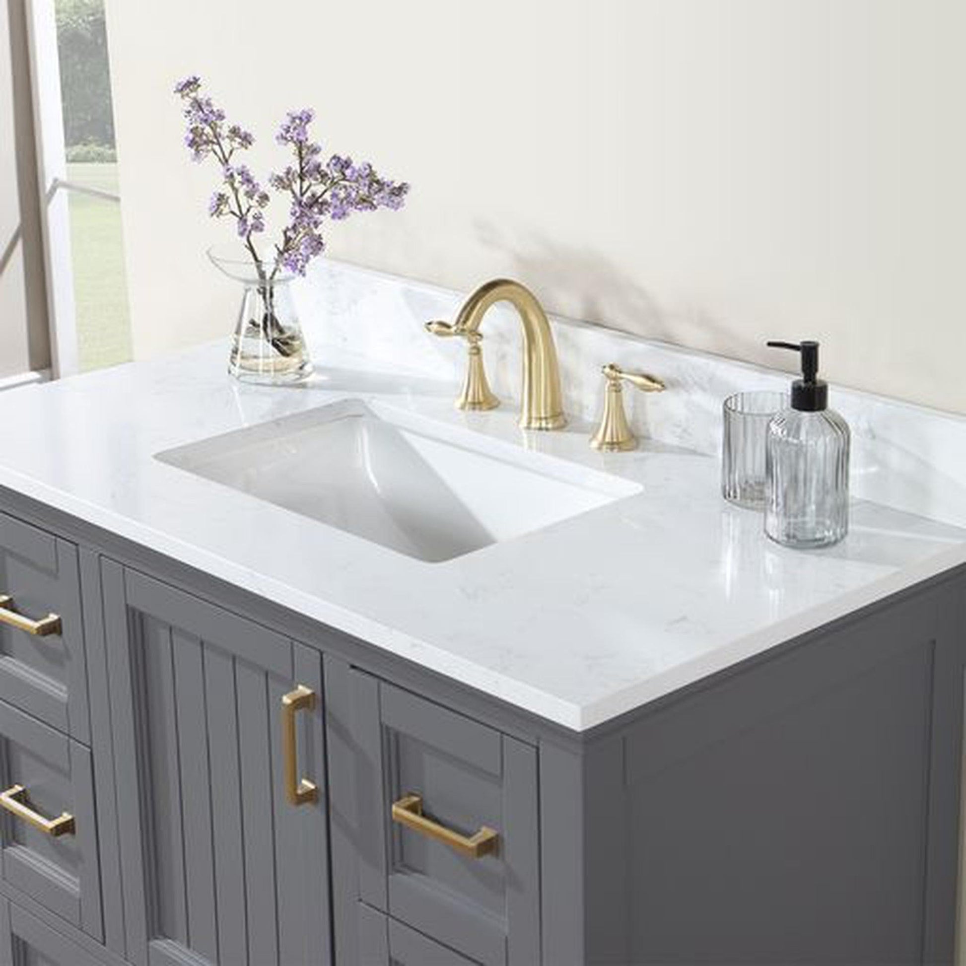 Altair Isla 42" Single Gray Freestanding Bathroom Vanity Set With Aosta White Composite Stone Top, Rectangular Undermount Ceramic Sink, and Overflow