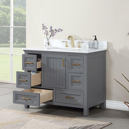 Altair Isla 42" Single Gray Freestanding Bathroom Vanity Set With Aosta White Composite Stone Top, Rectangular Undermount Ceramic Sink, and Overflow