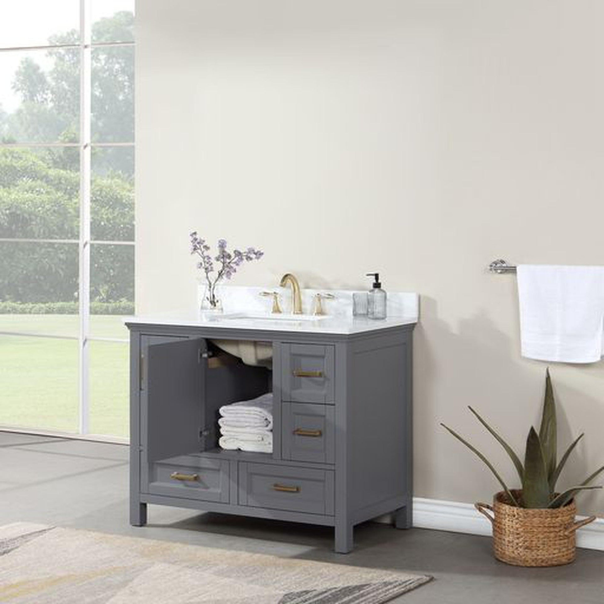 Altair Isla 42" Single Gray Freestanding Bathroom Vanity Set With Aosta White Composite Stone Top, Rectangular Undermount Ceramic Sink, and Overflow