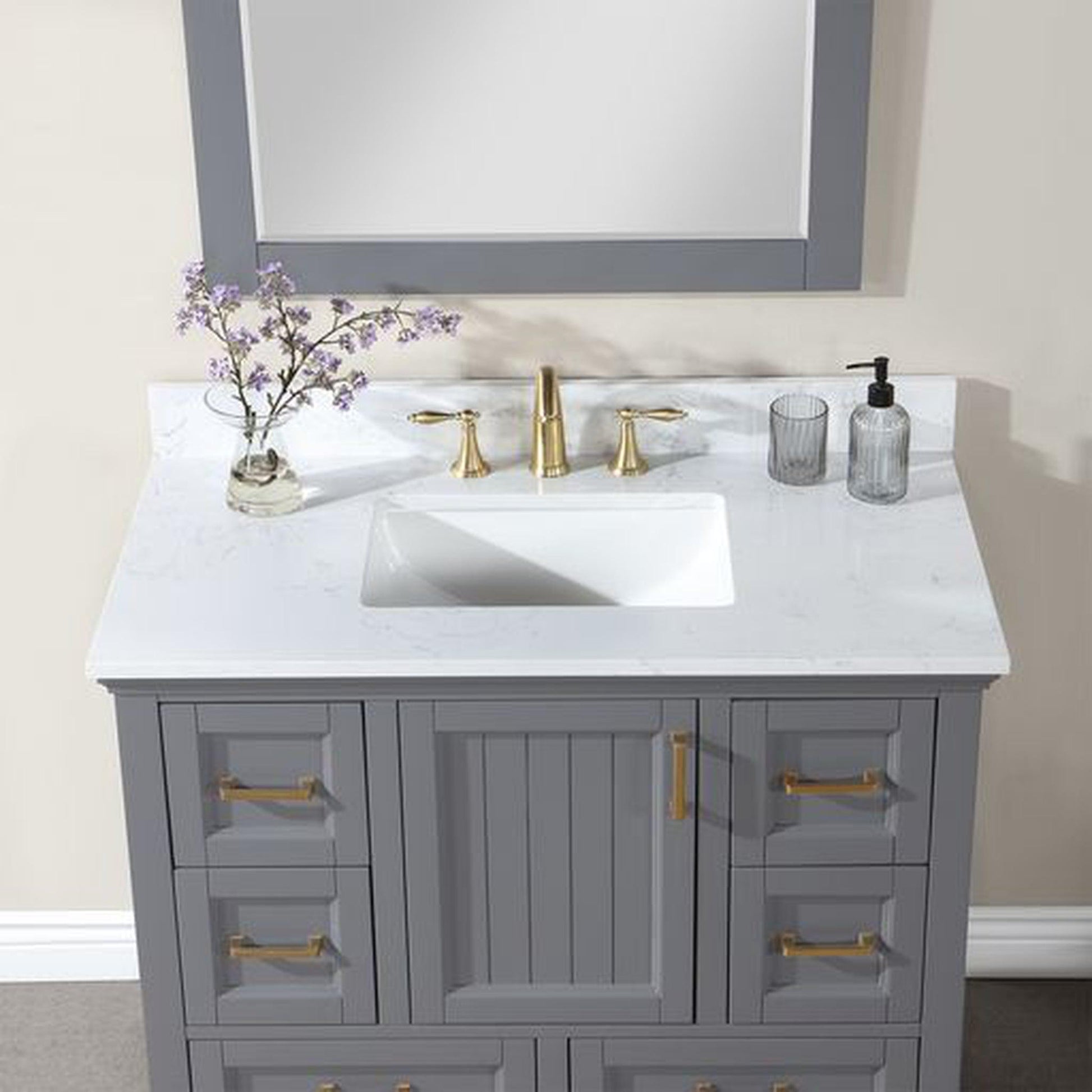 Altair Isla 42" Single Gray Freestanding Bathroom Vanity Set With Mirror, Aosta White Composite Stone Top, Rectangular Undermount Ceramic Sink, and Overflow