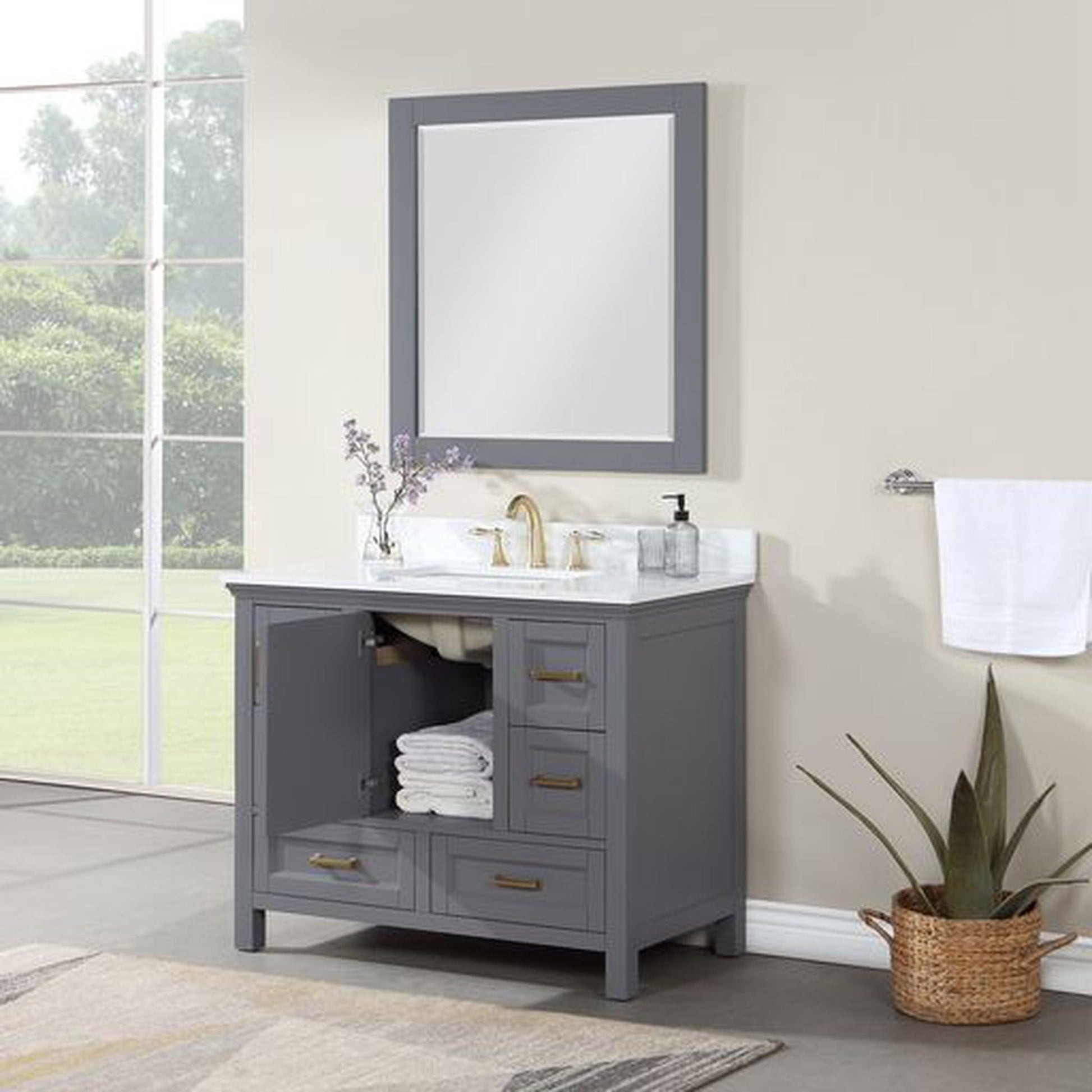 Altair Isla 42" Single Gray Freestanding Bathroom Vanity Set With Mirror, Aosta White Composite Stone Top, Rectangular Undermount Ceramic Sink, and Overflow