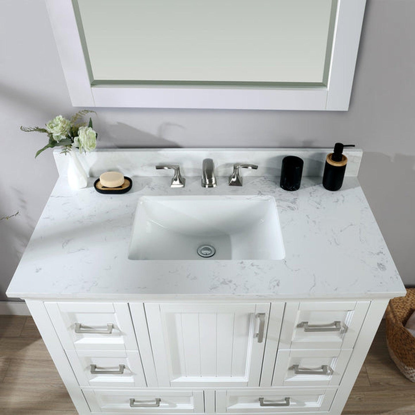 Altair Isla 42" Single White Freestanding Bathroom Vanity Set With Mirror, Aosta White Composite Stone Top Two Rectangular Undermount Ceramic Sinks, Overflow, and Backsplash