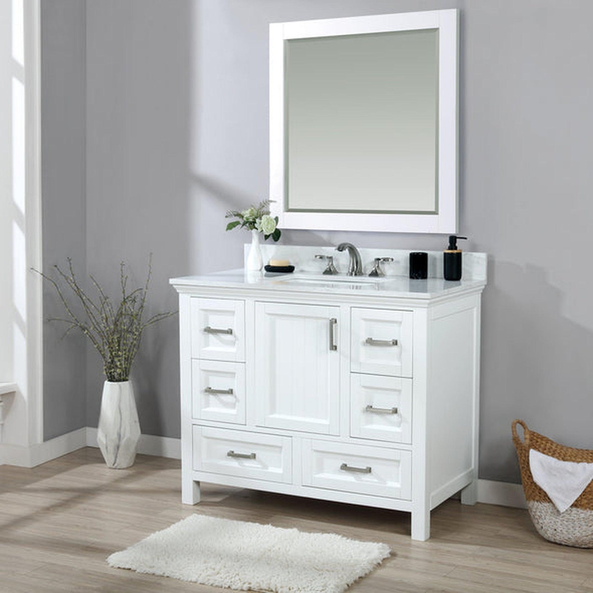 Altair Isla 42" Single White Freestanding Bathroom Vanity Set With Mirror, Aosta White Composite Stone Top Two Rectangular Undermount Ceramic Sinks, Overflow, and Backsplash